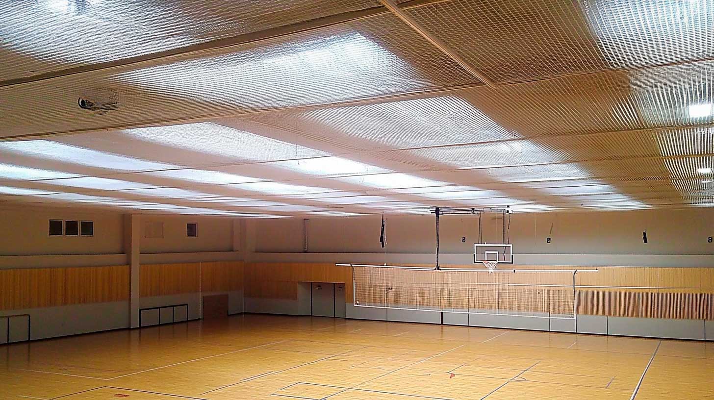 Urheiluhallin suojaverkko katossa